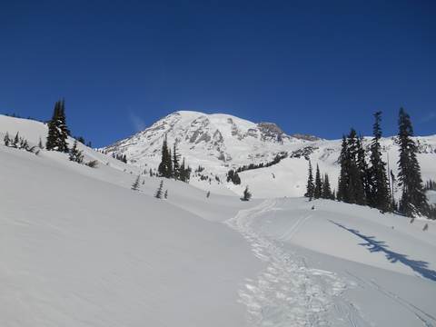 Snowshoe tracks lead across a snowy slope towards a glaciated peak against a blue sky.