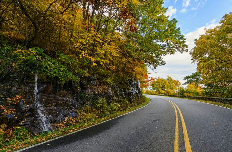 A road surrounded by fall foliage turns a curve around a small waterfall.